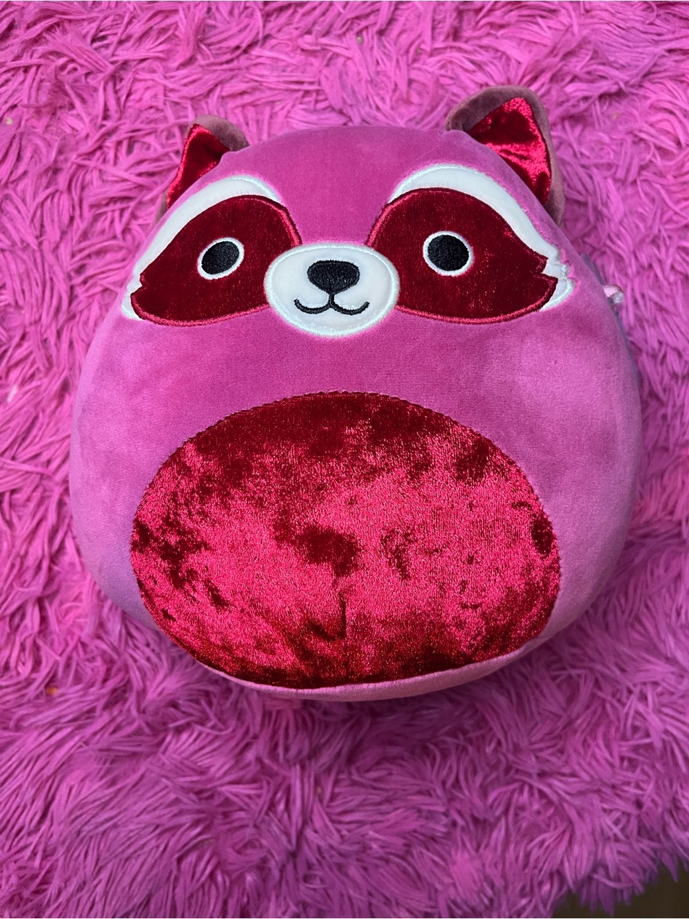 Squishmallows Pink and Red Plush Raccoon. Olivieri